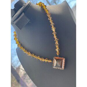 Antique Czech Style Topaz Glass Pendant Necklace With Filigree Details Faceted B